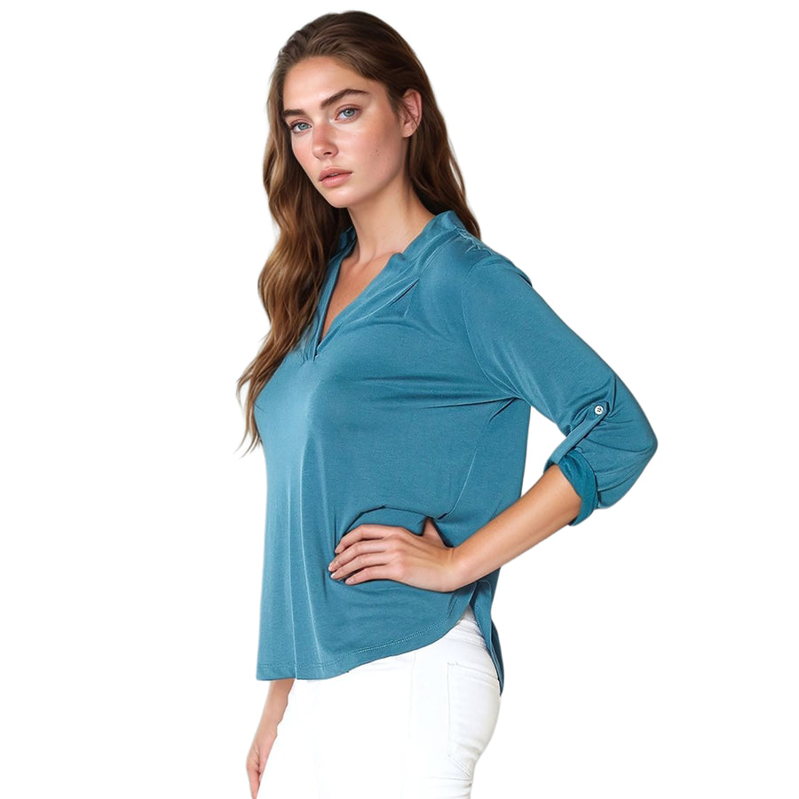 Pleione Roll Up Sleeve V-Neck Blouse In Teal