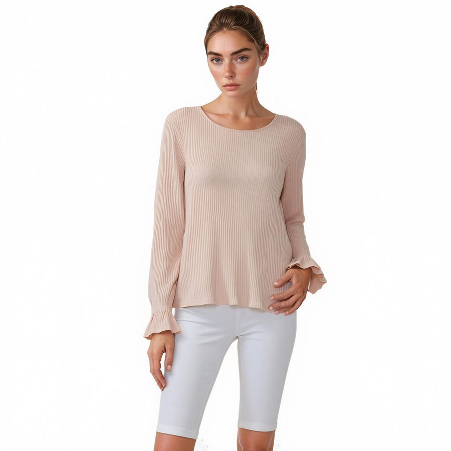 Pleione Ribbed Knit Top With Gathered Bell Cuff
