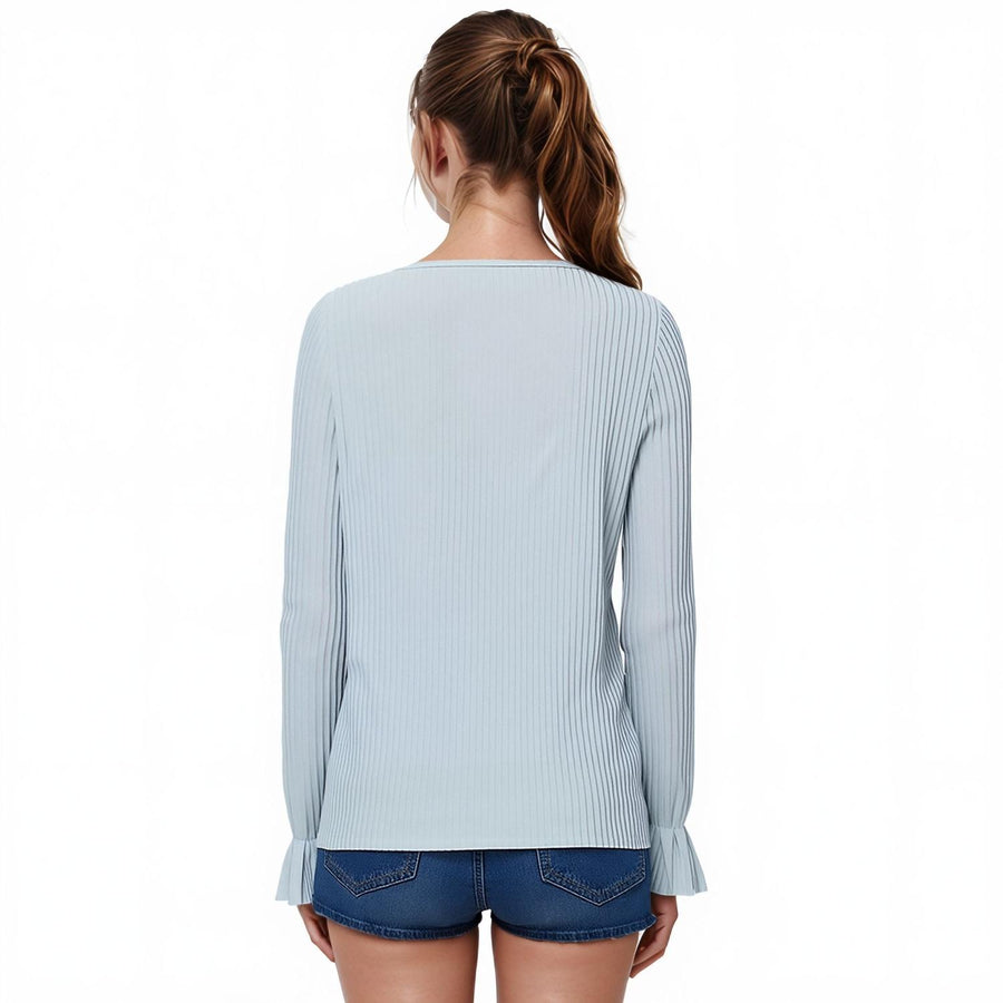 Pleione Ribbed Knit Top With Gathered Bell Cuff