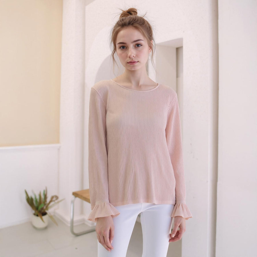 Pleione Ribbed Knit Top With Gathered Bell Cuff