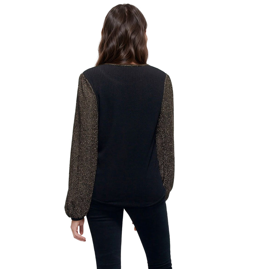 Pleione Women's Ribbed Round Neck Top in Black Gold