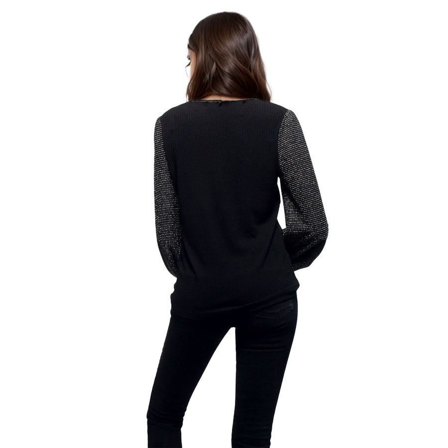 Pleione Women's Ribbed Round Neck Top in Black Silver