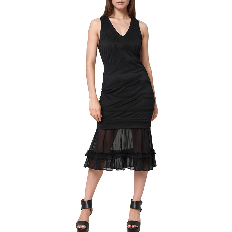 Women's Sleeveless V-neck Sheer Ruffle Hem Bodycon Dress In Black