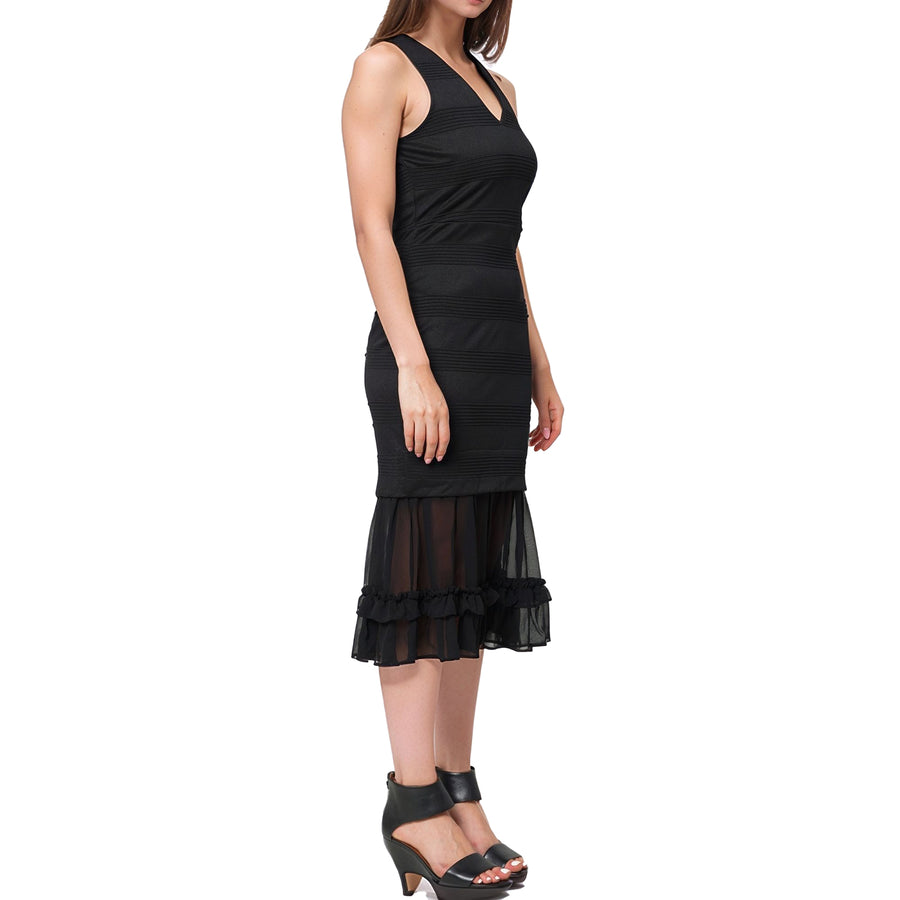 Women's Sleeveless V-neck Sheer Ruffle Hem Bodycon Dress In Black