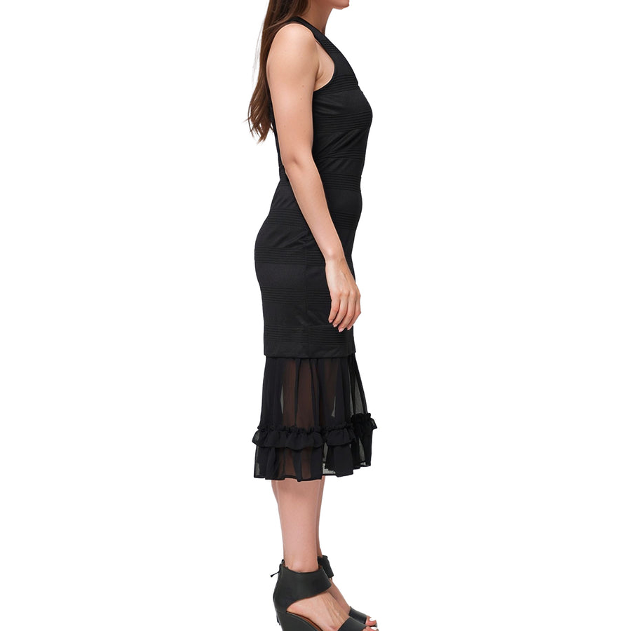 Women's Sleeveless V-neck Sheer Ruffle Hem Bodycon Dress In Black