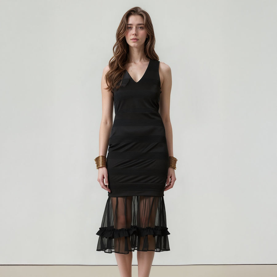 Women's Sleeveless V-neck Sheer Ruffle Hem Bodycon Dress In Black