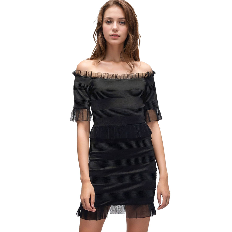 Women's Off Shoulder Lace Trim Bodycon Dress In Black