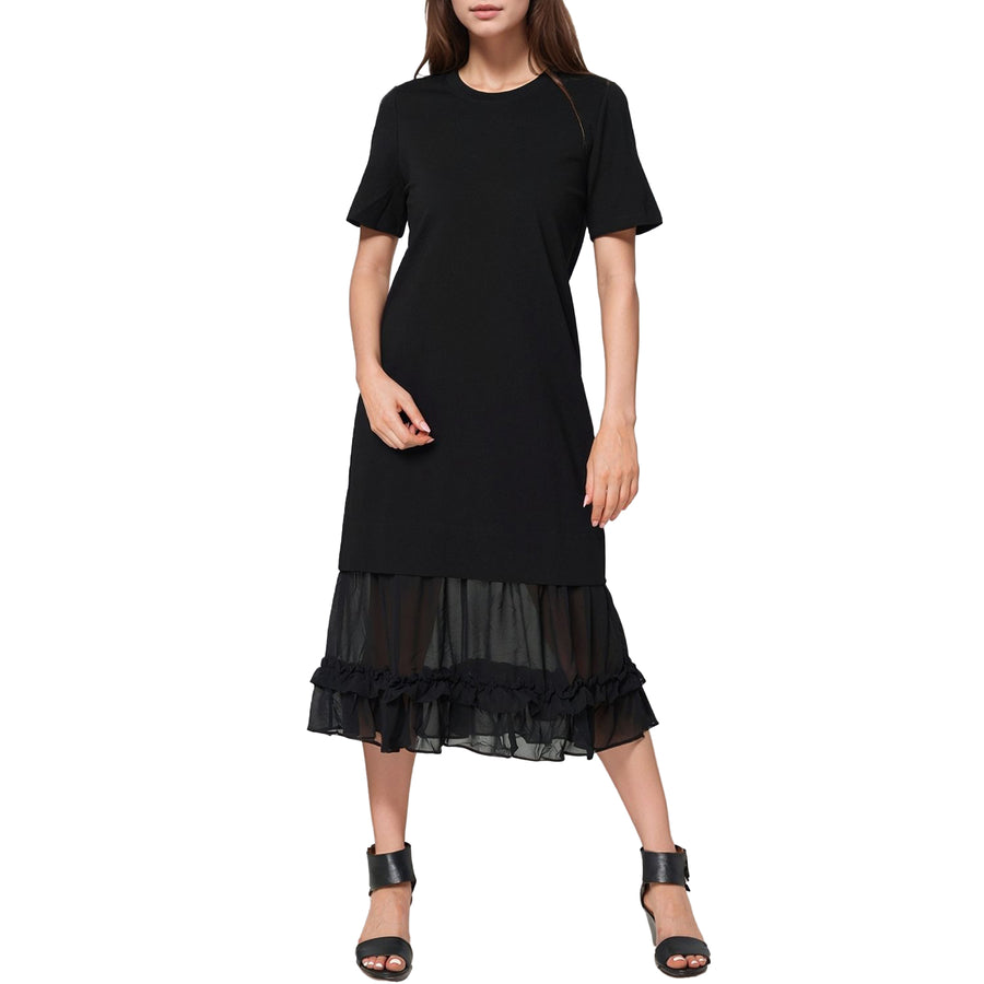 Women's Sheer Contrast Ruffle Hem Midi Dress in Black Women's Sheer Contrast Ruffle Hem Midi Dress in Black