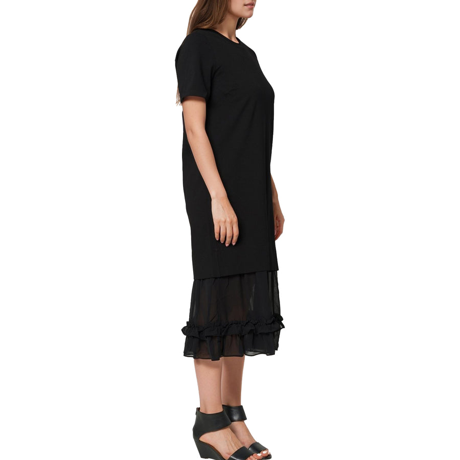 Women's Sheer Contrast Ruffle Hem Midi Dress In Black
