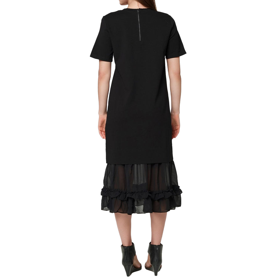 Women's Sheer Contrast Ruffle Hem Midi Dress In Black