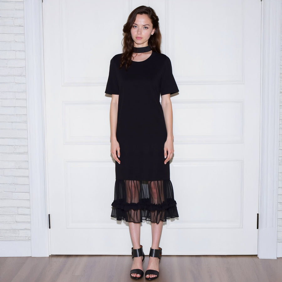 Women's Sheer Contrast Ruffle Hem Midi Dress In Black