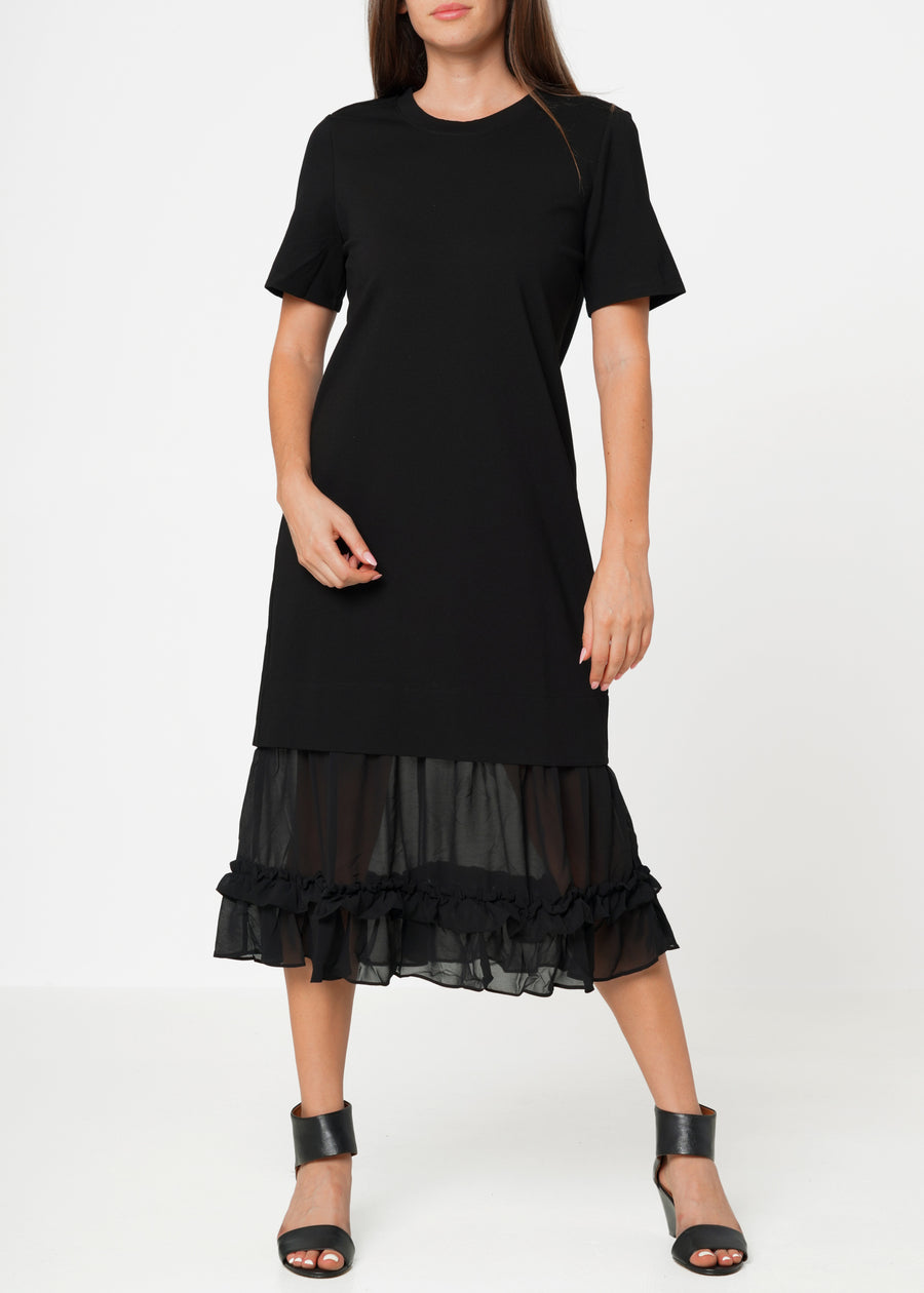 Sheer Contrast Ruffle Hem Midi Dress In Black