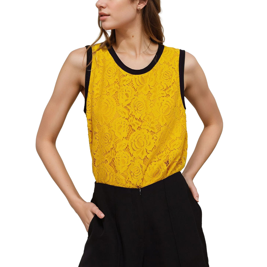 Pleione Women's Floral Lace Sleeveless Top In Mustard