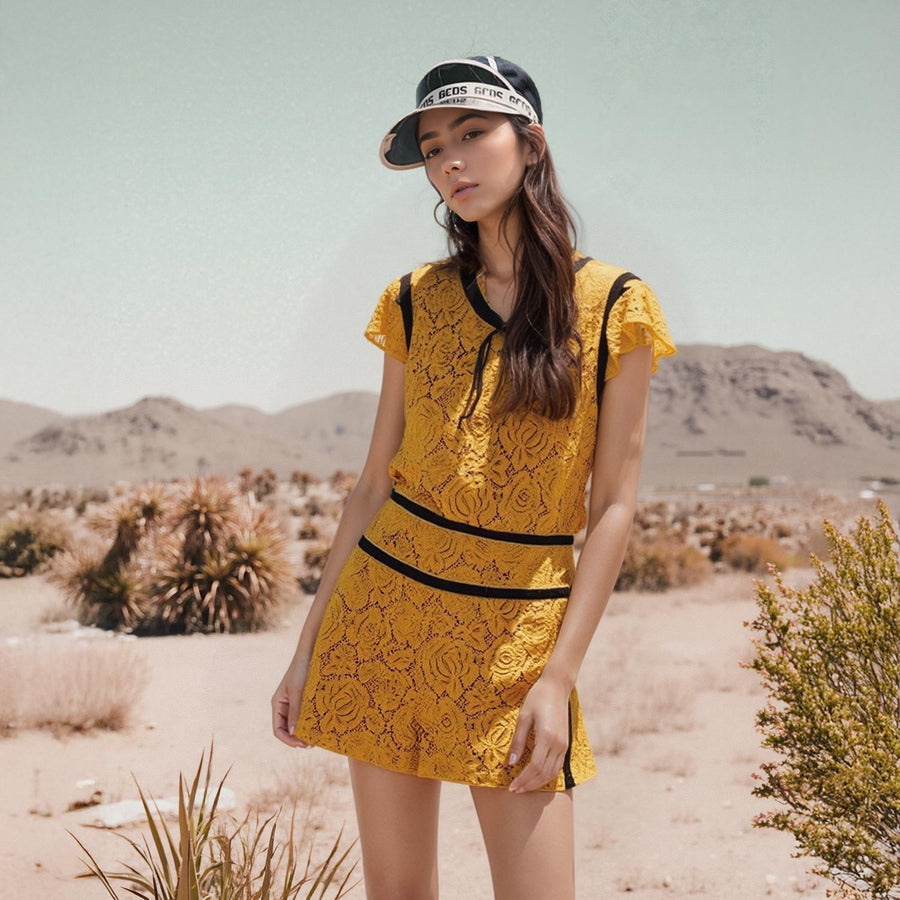 Pleione Women's Floral Lace Shorts In Mustard