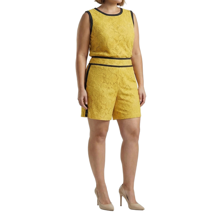 Pleione Plus Size Women's Floral Lace Shorts In Mustard