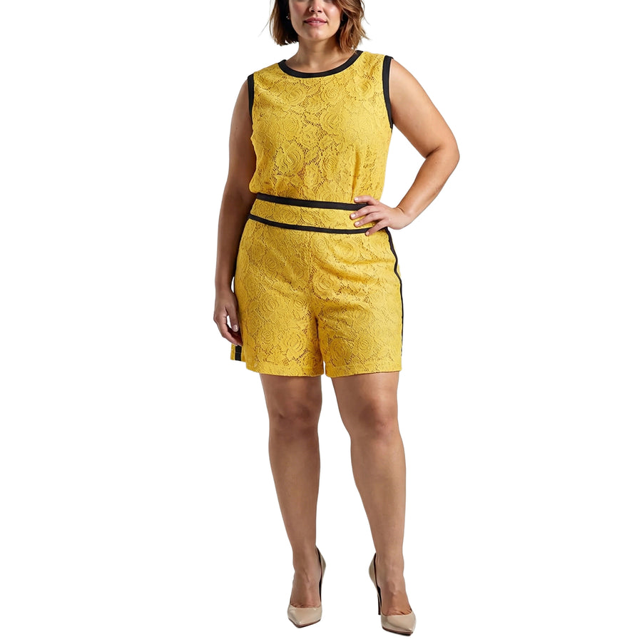 Pleione Plus Size Women's Floral Lace Shorts In Mustard
