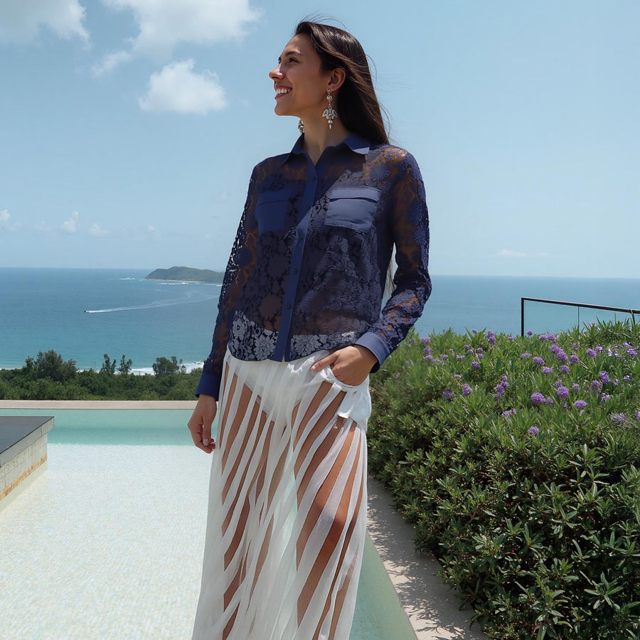 Pleione Women's Button Up Flower Lace Blouse in Navy