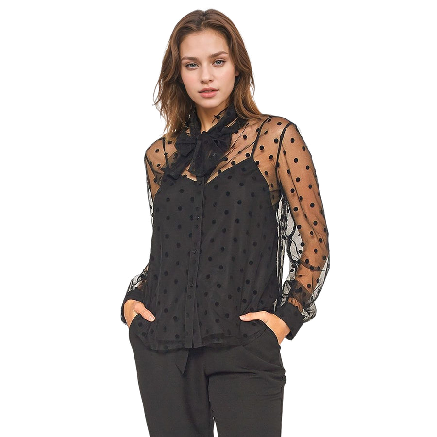 Pleione Women's Polkadot Mesh Blouse With Cami in Black