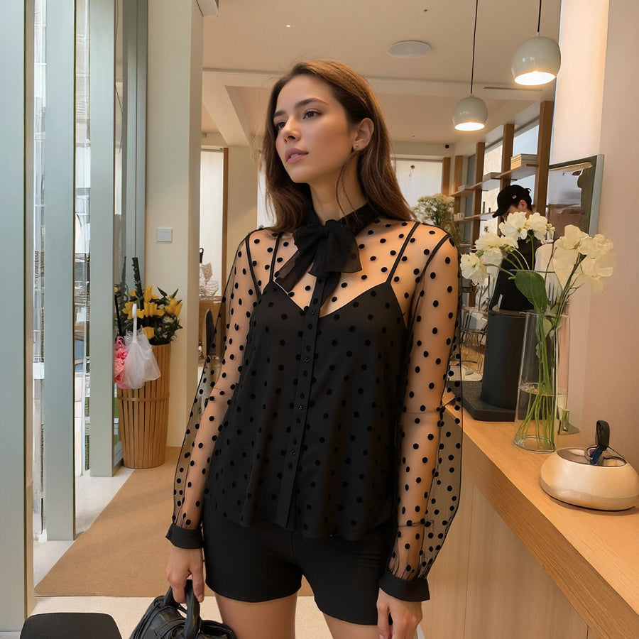 Pleione Women's Polkadot Mesh Blouse With Cami in Black - shopatkonus
