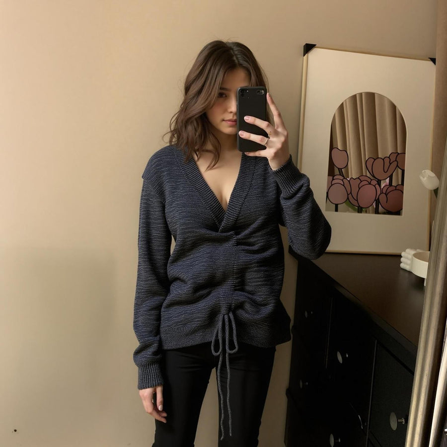 Pleione V-neck Ruched Sweater in Charcoal - shopatkonus