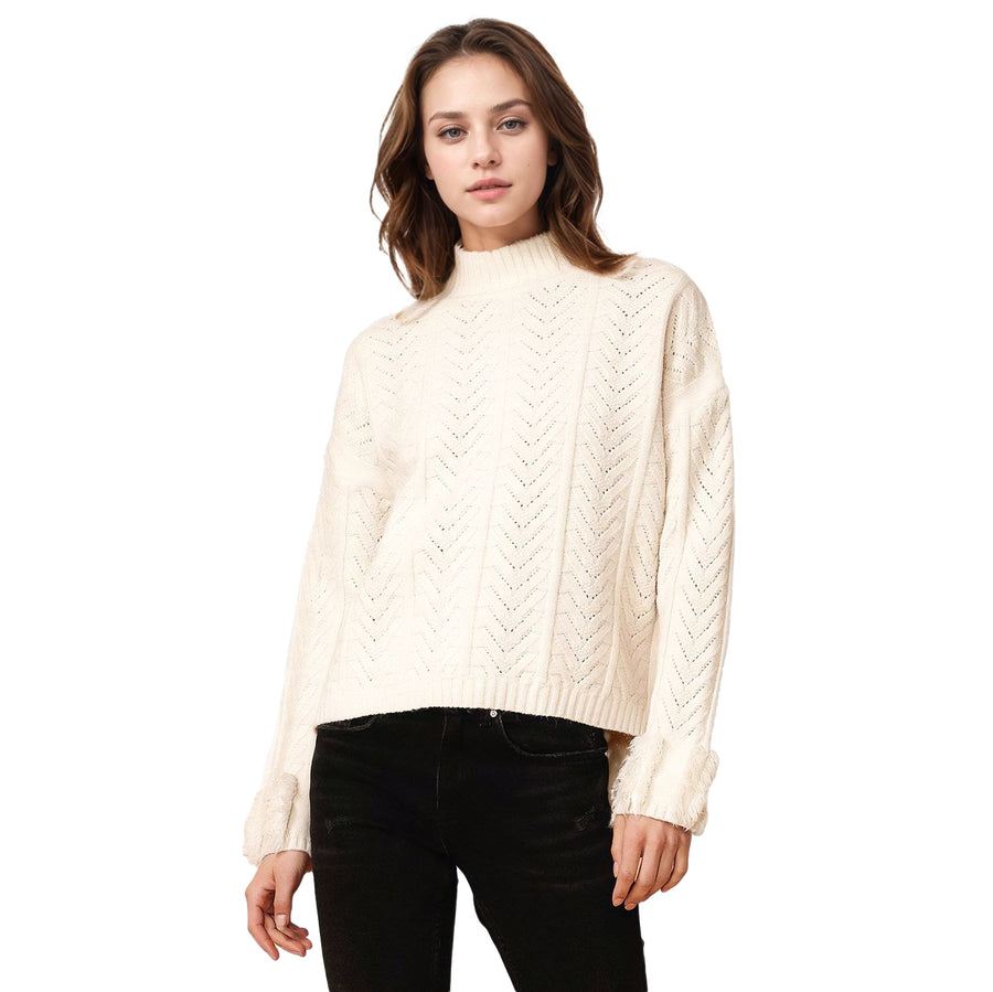 Women's Turtle Neck Fringe Sweater in Natural
