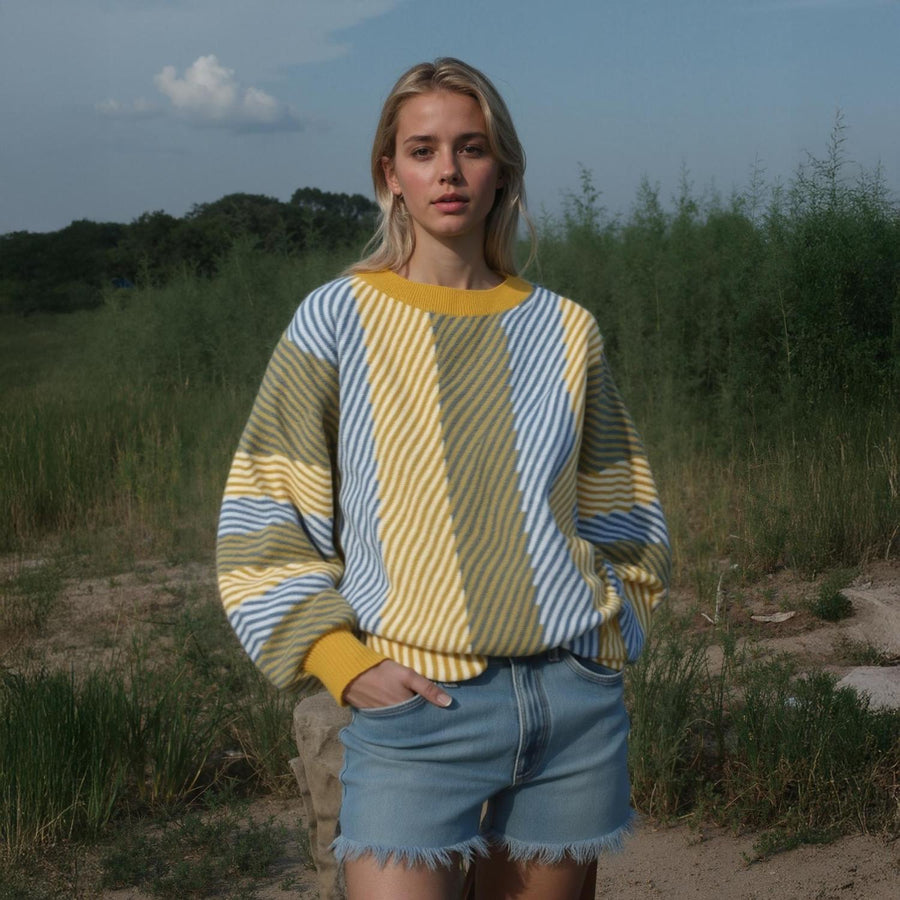 Pleione Multi Stripe Cozy Crewneck Sweater - shopatkonus
