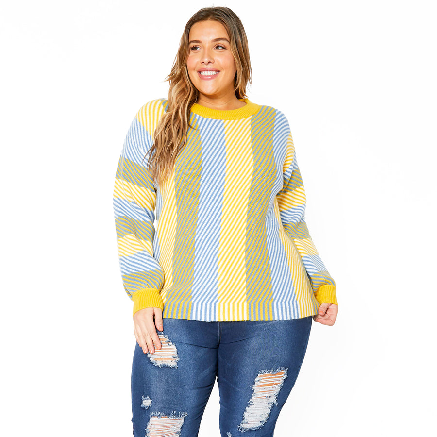 Pleione Multi Stripe Cozy Crewneck Sweater