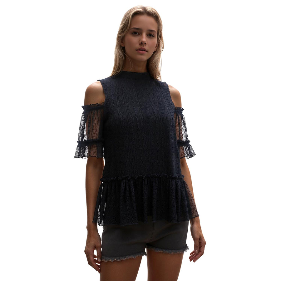 Ro & De Women's Cold Shoulder Ruffle Mesh Top - shopatkonus