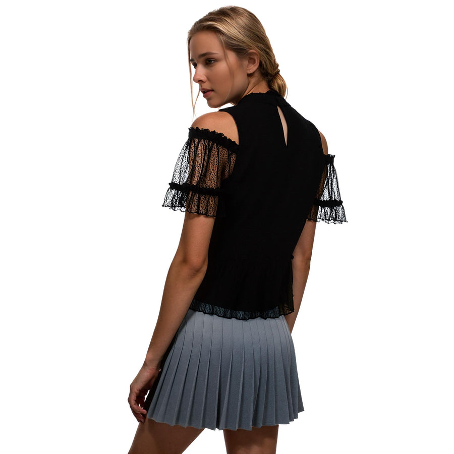 Ro & De Women's Cold Shoulder Ruffle Mesh Top - shopatkonus