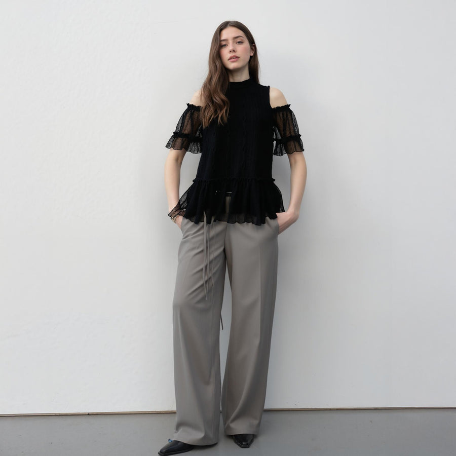 Ro & De Women's Cold Shoulder Ruffle Mesh Top - shopatkonus