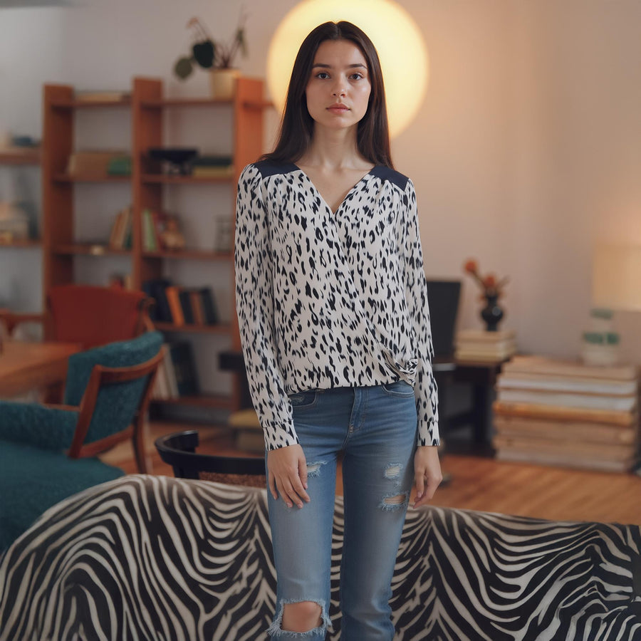 Women's Pleated Surplice Top In Ivory Cheetah - shopatkonus