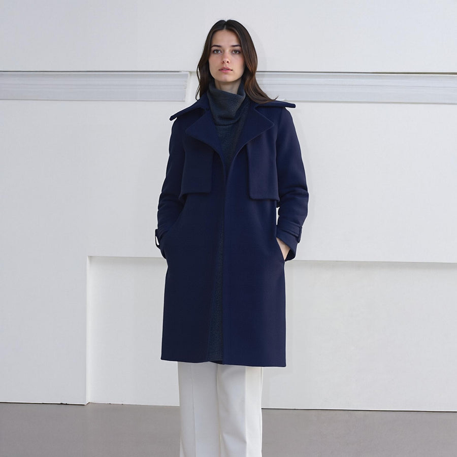 Women's Wool Blended Overlay Notch Collar Coat - shopatkonus