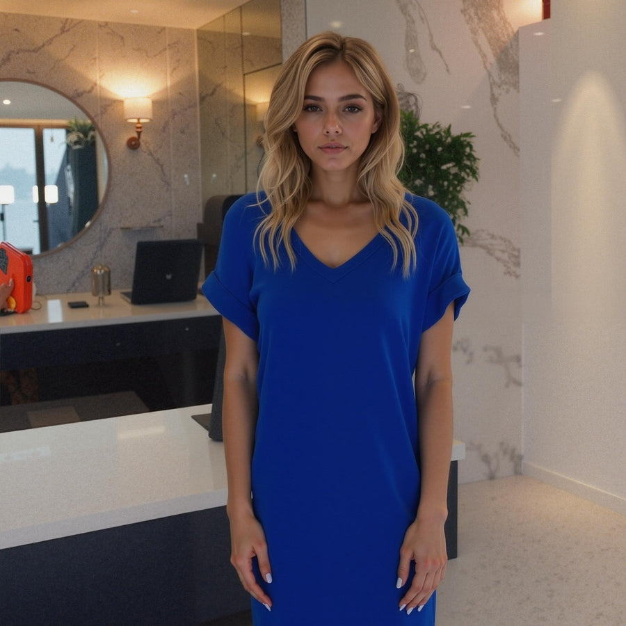 Women's V-Neck T-shirt Dress With Pocket - shopatkonus