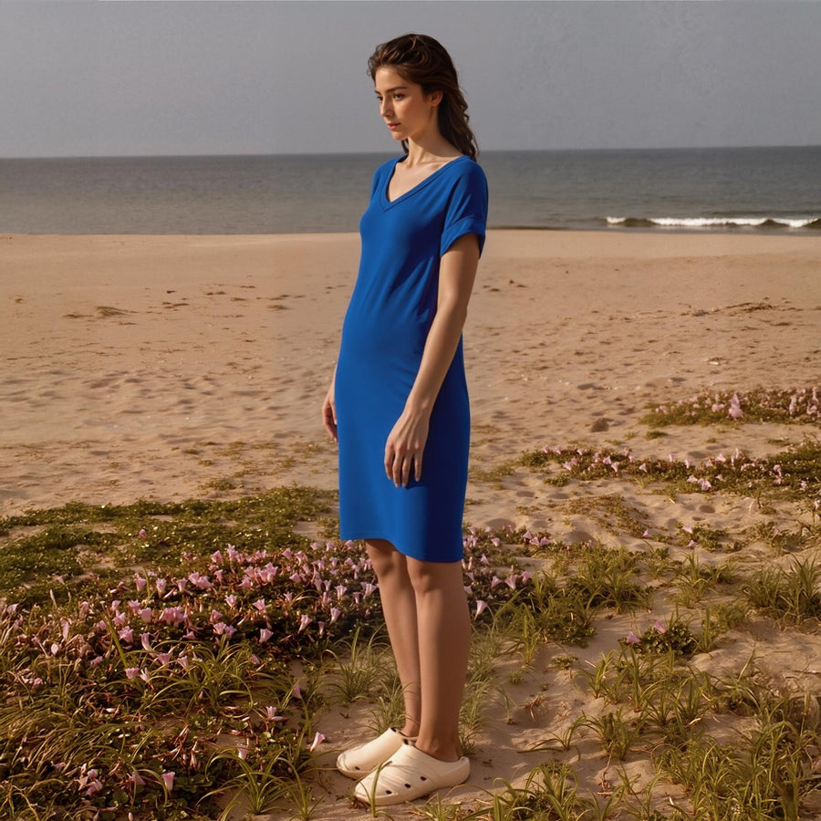 Women's V-Neck T-shirt Dress With Pocket - shopatkonus