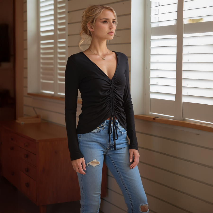 Women's V-Neck Ruched Top in Black - shopatkonus