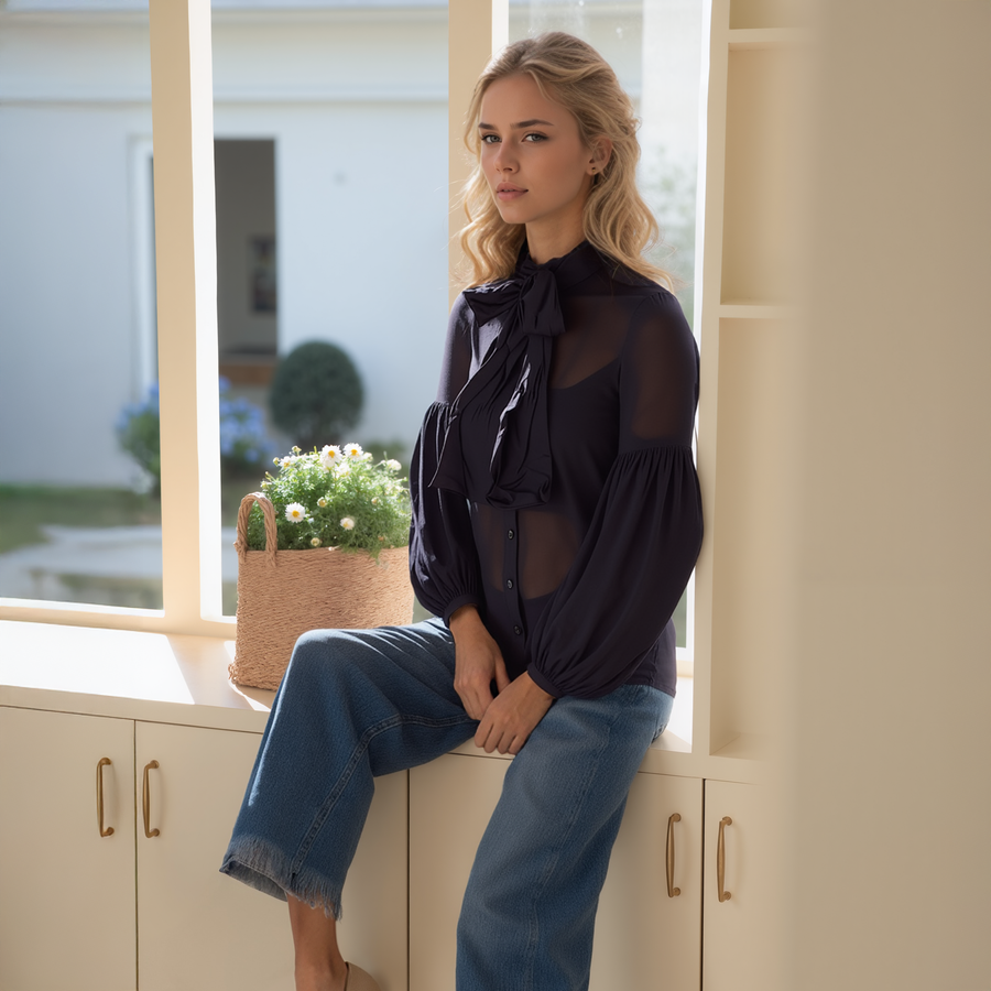 Women's Neck Tie Woven Top - shopatkonus