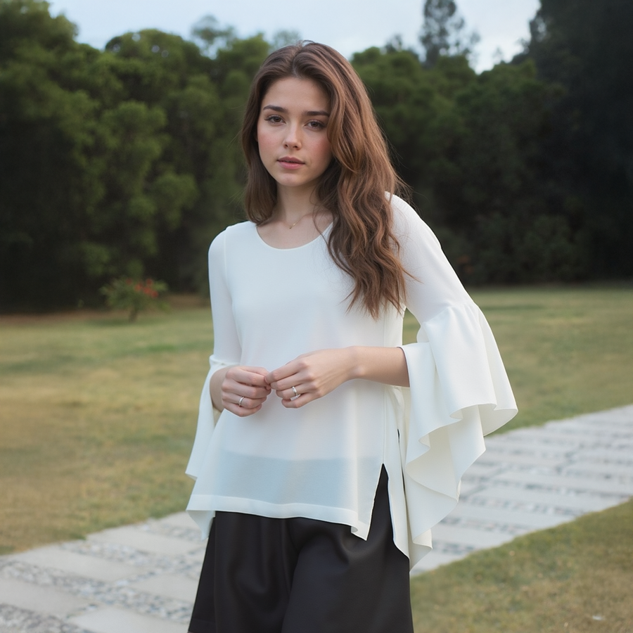 Women's Hi-Lo Bell Sleeve Top With Wide Neck Line - shopatkonus