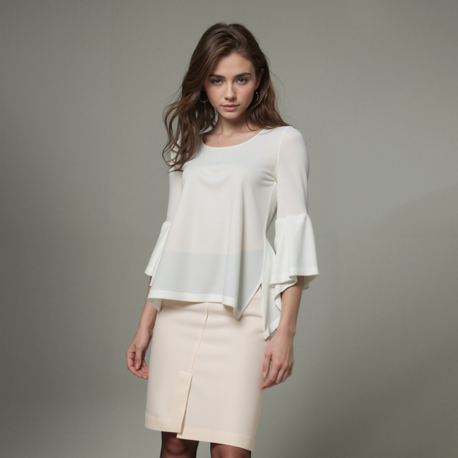 Women's Hi-Lo Bell Sleeve Top With Wide Neck Line - shopatkonus