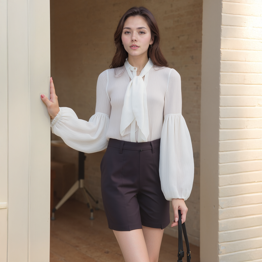 Women's Neck Tie Woven Top - shopatkonus