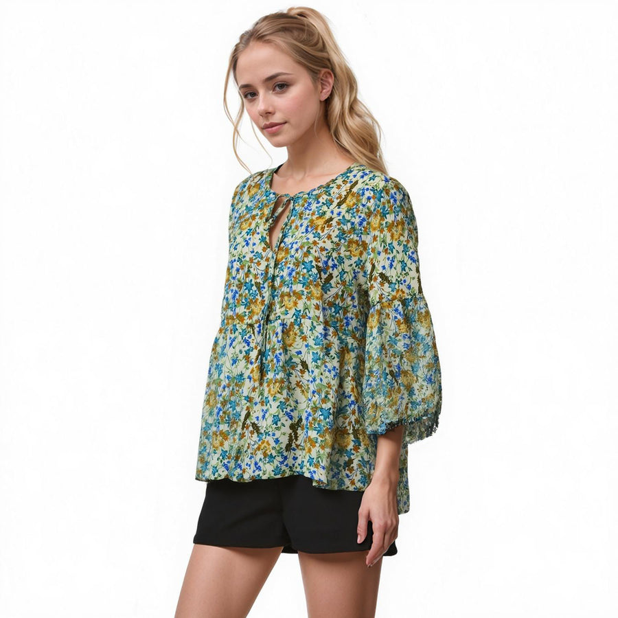 Pleione Women's Tie Neck Floral Blouse