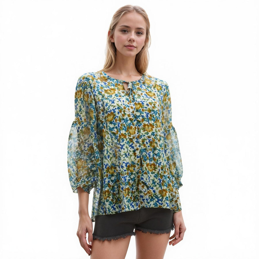 Pleione Women's Tie Neck Floral Blouse - shopatkonus