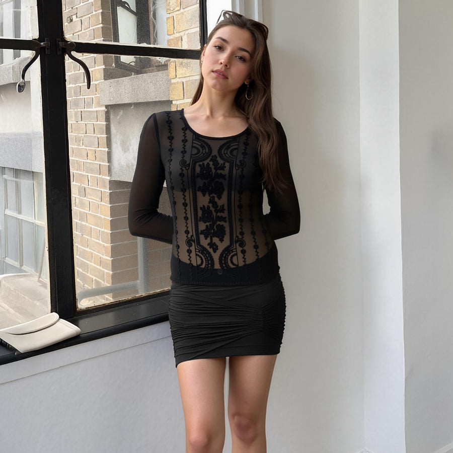 Women's Embossed Long Sleeve Sheer Top - shopatkonus