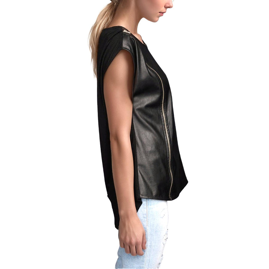 Women's Zip Shoulder Leather Front Top - shopatkonus