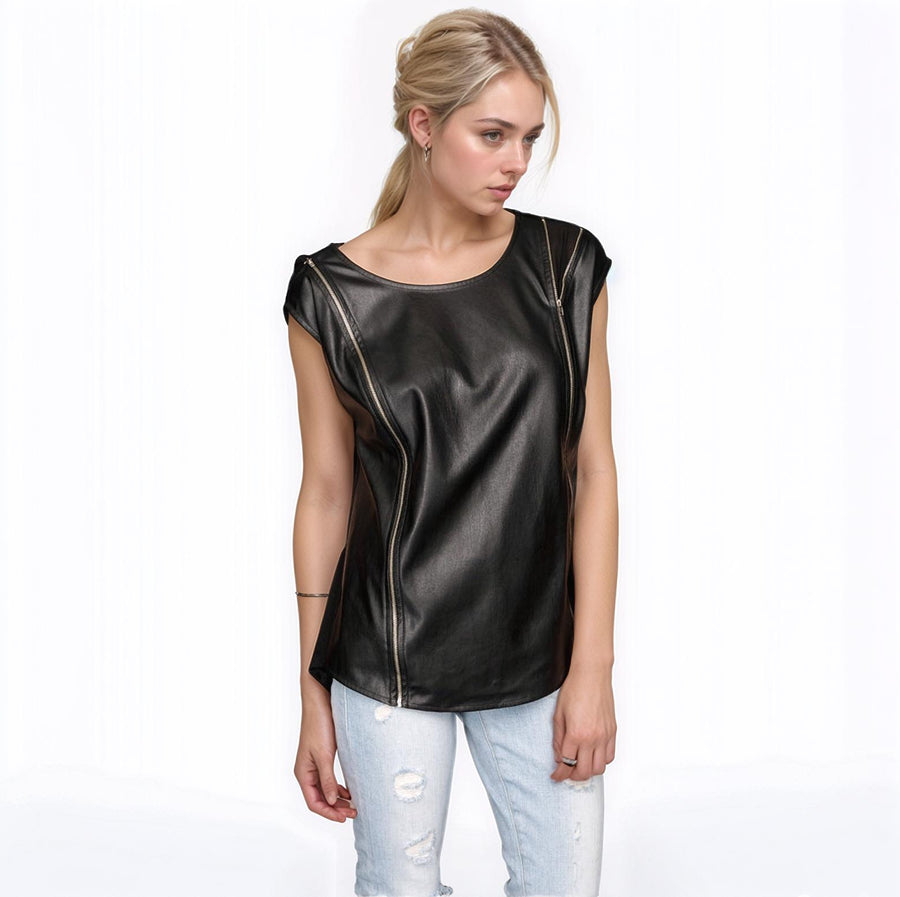 Women's Zip Shoulder Leather Front Top - shopatkonus
