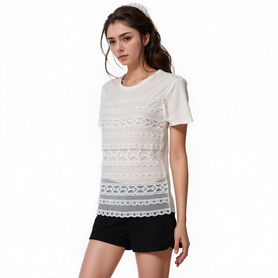 Ro & De Women's Lace Insert SS Tee In Ivory - shopatkonus