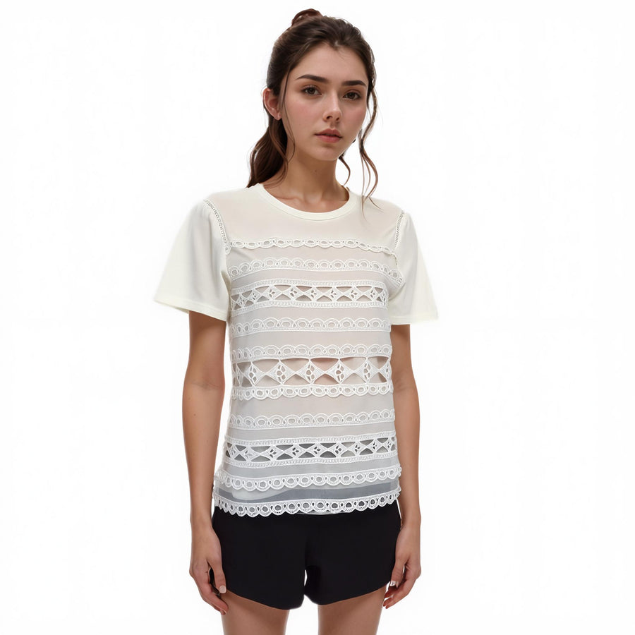 Ro & De Women's Lace Insert SS Tee In Ivory - shopatkonus