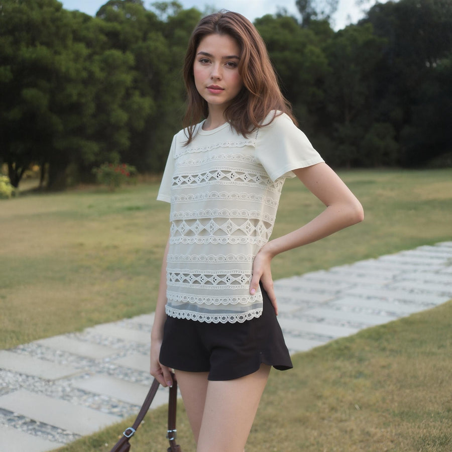 Ro & De Women's Lace Insert SS Tee In Ivory - shopatkonus