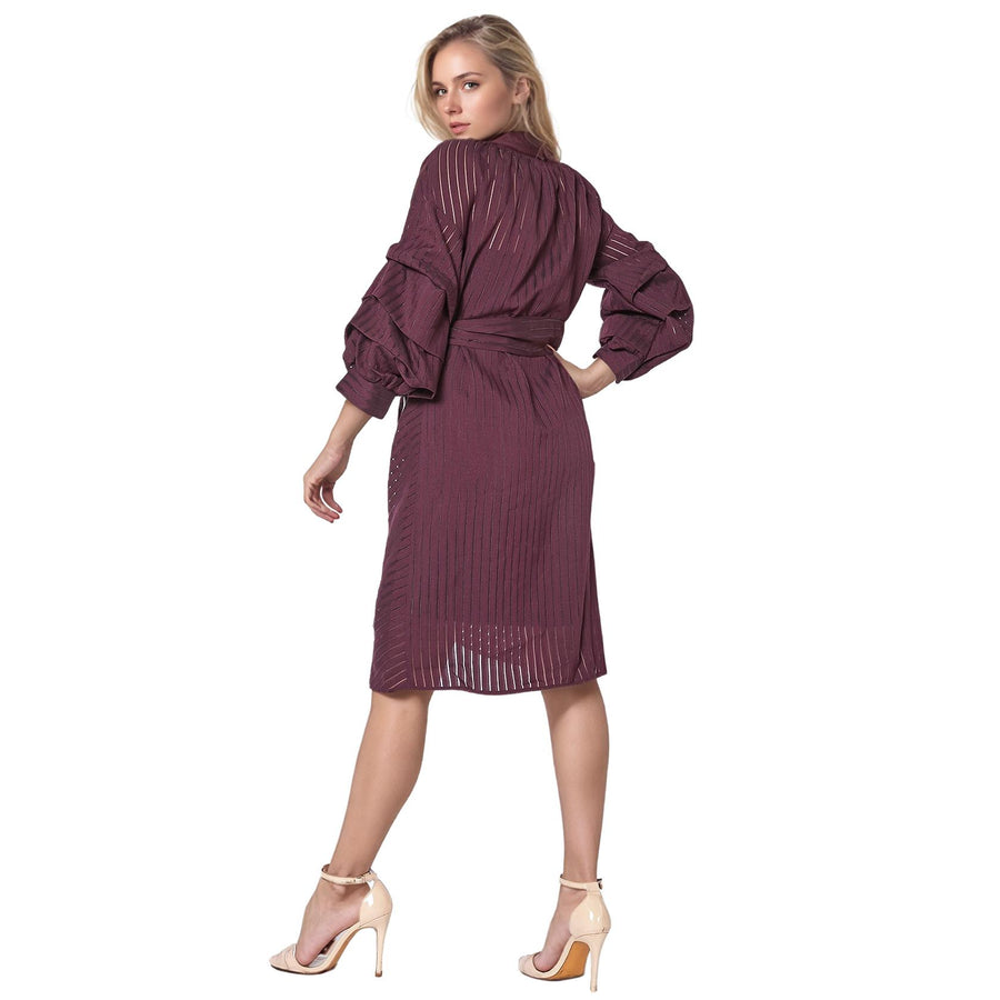 Organza Stripe Wrap Dress In Burgundy - shopatkonus