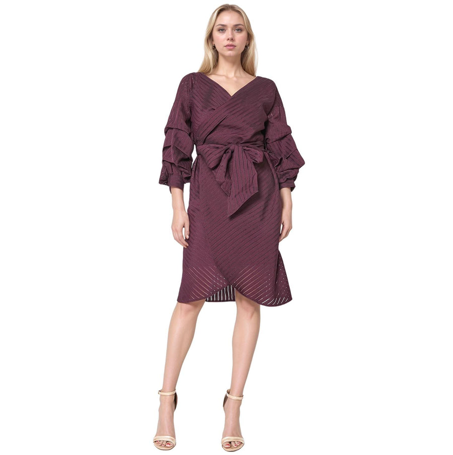 Organza Stripe Wrap Dress In Burgundy - shopatkonus