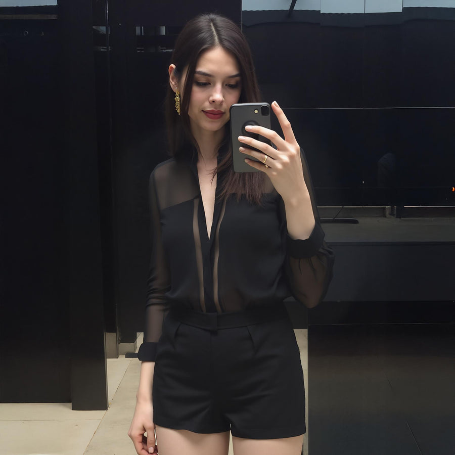 Women's Pleated Button Up Romper In Black - shopatkonus